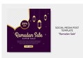 Ramadan Sale social media post template. Web banner advertising with purple and golden color style for greeting card, voucher, Royalty Free Stock Photo