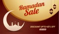 Ramadan sale, web banner design with crescent moon and mosque an