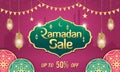 Ramadan Sale, web header or banner design with golden shiny frame, arabic lanterns and Islamic Ornament