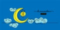 Ramadan simple, minimalist blue vector background with lantern, crescent, moon, clouds.