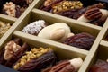 Ramadan sweets and luxurious selection of jumbo sweet dates concept with close up on medjool date stuffed with pistachio and