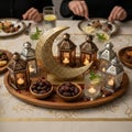 Ramadan Table Decor with Dates, Water, and Traditional Lanterns AI-GENERATED Royalty Free Stock Photo
