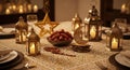 Ramadan table setting with lanterns, dates and Islamic decorations Royalty Free Stock Photo