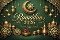 Ramadan 2026 text with crescent moon, mosque, lanterns, and dates on green background Royalty Free Stock Photo