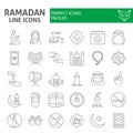 Ramadan thin line icon set, islamic holiday symbols collection, vector sketches, logo illustrations, islam icons, muslim