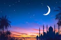 Ramadan twilight Silhouette mosque domes, crescent moon, stars background Royalty Free Stock Photo