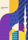 Ramadan vector greeting card, silhouette of mosque with geometric pattern. Abstract flat color blocking vector background. Ramada