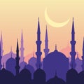 Ramadan vector greeting card with silhouette of mosque and moon.