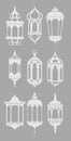 Ramadan vintage lantern linear icons. muslim antique lamp symbols.