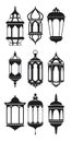 Ramadan vintage lantern linear icons. muslim antique lamp symbols.