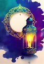ramadan watercolor background, lantern, lamp card, ai generation