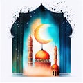 ramadan watercolor background, mosque card, ai generation