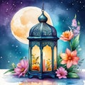 Ramadan Watercolor Clipart with Eid Mubarak,Islamic Lantern Moon