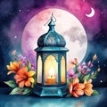 Ramadan Watercolor with Eid Mubarak,Islamic Lantern Moon