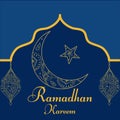 RamadhanRamadan Kareem vector card with 3d golden crescent and lanterns. Royalty Free Stock Photo