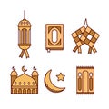 Ramadhan icon set in gold yellow color style with lantern lamp, al quran book, ketupat, mosque, prayer mat, and crescent moon
