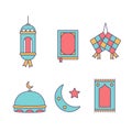 Ramadhan icon set in soft color cartoon style with lantern lamp, al qur`an book, ketupat, mosque, prayer mat, and crescent moon