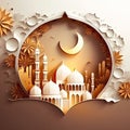 Ramadhan mosque paper cut background. Orange colors. Generative AI