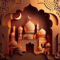 Ramadhan mosque paper cut background. Orange colors. Generative AI