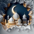 Ramadhan mosque paper cut colored background. Generative AI