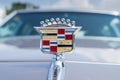 Vintage Cadillac hood ornament on white gray background