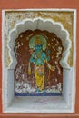 Ramavtar or perfect human ; seventh incarnation of Lord Vishnu colourfully painted on wall of Vishnu Narayan temple at top of Parv