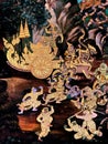 Ramayana mural paintings of , alien battles gods and chimera on walls of kings palace Bangkok, Thailand