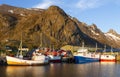 Ramberg village, Lofoten Islands, Norway, Fishing boats in harbor at midnight sun Royalty Free Stock Photo