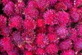 Rambutan tropical fruit pile on farm market. Fruit season in South Asia. Farm market in Thailand or Vietnam