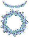 Rame border, garland and wreath of the watercolor blue forget-me-not flowers (Myosotis), lavender flowers and spikelets Royalty Free Stock Photo