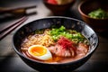 ramen asian japanese vegetable soup meal bowl noodle food chopstick. Generative AI.