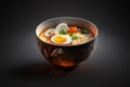 Ramen in a bowl on dark background. Ramen soup with egg, broccoli, noodles, shiitake mushroom and red radish. AI generated image Royalty Free Stock Photo