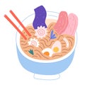 Ramen bowl. Doodle flat cartoon illustration of traditional japanese noodle soup with kamaboko, meat egg and chopsticks Royalty Free Stock Photo