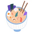 Ramen bowl doodle illustration, japanese food, flat cartoon vector art, traditional asian noodle soup with chopsticks Royalty Free Stock Photo