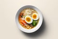 Ramen in a bowl top view. Ramen soup with egg, broccoli, noodles, shiitake mushroom and red radish. AI generated image Royalty Free Stock Photo