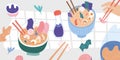 Ramen bowls served on table, top view of traditional japanese food on a wooden table, vector Illustration, Delicious