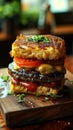 Ramen Burger - where the burger buns are replaced with pressed and toasted wheels of ramen noodles, with classic burger Royalty Free Stock Photo