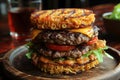 Ramen Burger - where the burger buns are replaced with pressed and toasted wheels of ramen noodles, with classic burger Royalty Free Stock Photo