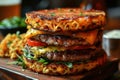 Ramen Burger - where the burger buns are replaced with pressed and toasted wheels of ramen noodles, with classic burger Royalty Free Stock Photo