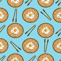 Ramen and chopsticks seamless vector pattern. Tasty Asian soup with noodles, fried egg, green onions, sesame. Hot spicy food in a Royalty Free Stock Photo