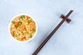 Ramen cup close-up, instant soba noodles in a plastic cup, top-down shot Royalty Free Stock Photo
