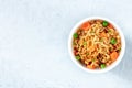 Ramen cup. Instant noodles with vegetables, overhead shot Royalty Free Stock Photo