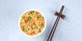 Ramen cup panorama, instant soba noodles in a plastic cup, overhead Royalty Free Stock Photo