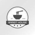 Ramen house emblem logo design, showing circle shape, ribbon, and noodle icon