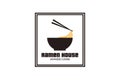 Ramen house emblem logo showing black rectangle, black bowl, noodle, and chopsticks isolated on white background