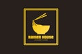 Ramen house emblem logo showing gold rectangle, gold bowl, noodle, and chopsticks isolated on black background