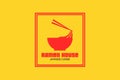 Ramen house emblem logo showing red rectangle, red bowl, noodle, and chopsticks isolated on yellow background