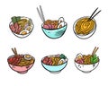 Ramen Japanese Noodle set. Flat vector illustration. Isolated on white background.