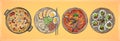 Ramen, kimbap, fried rice and soup - hand drawn illustration with asian food dishes, doodle style
