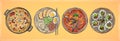 Ramen, kimbap, fried rice and soup - hand drawn vector mockup with asian food
